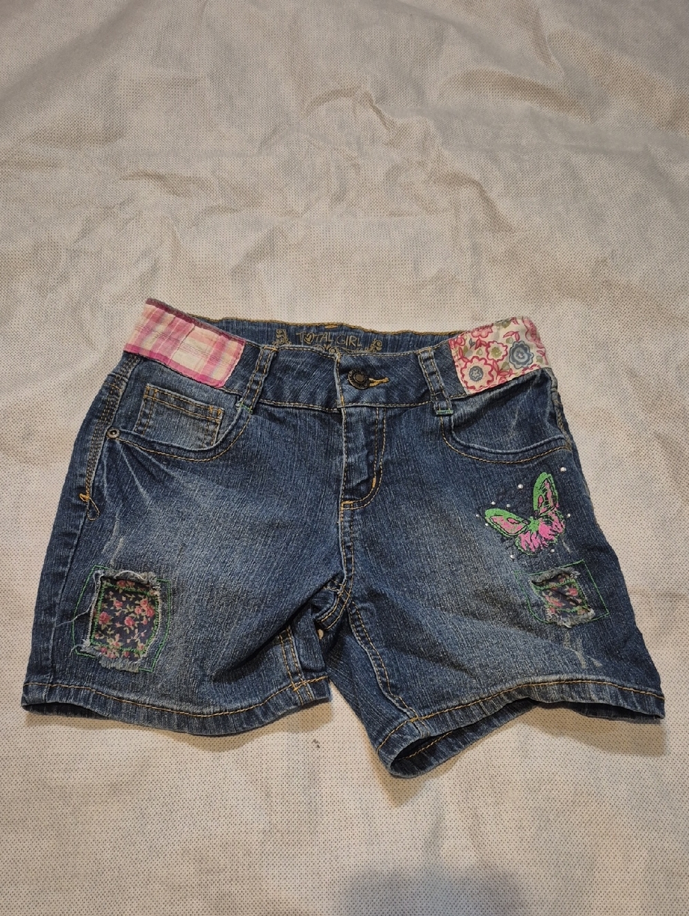 total girl Blue Denim Shorts with Pink Butterfly and Floral Accents